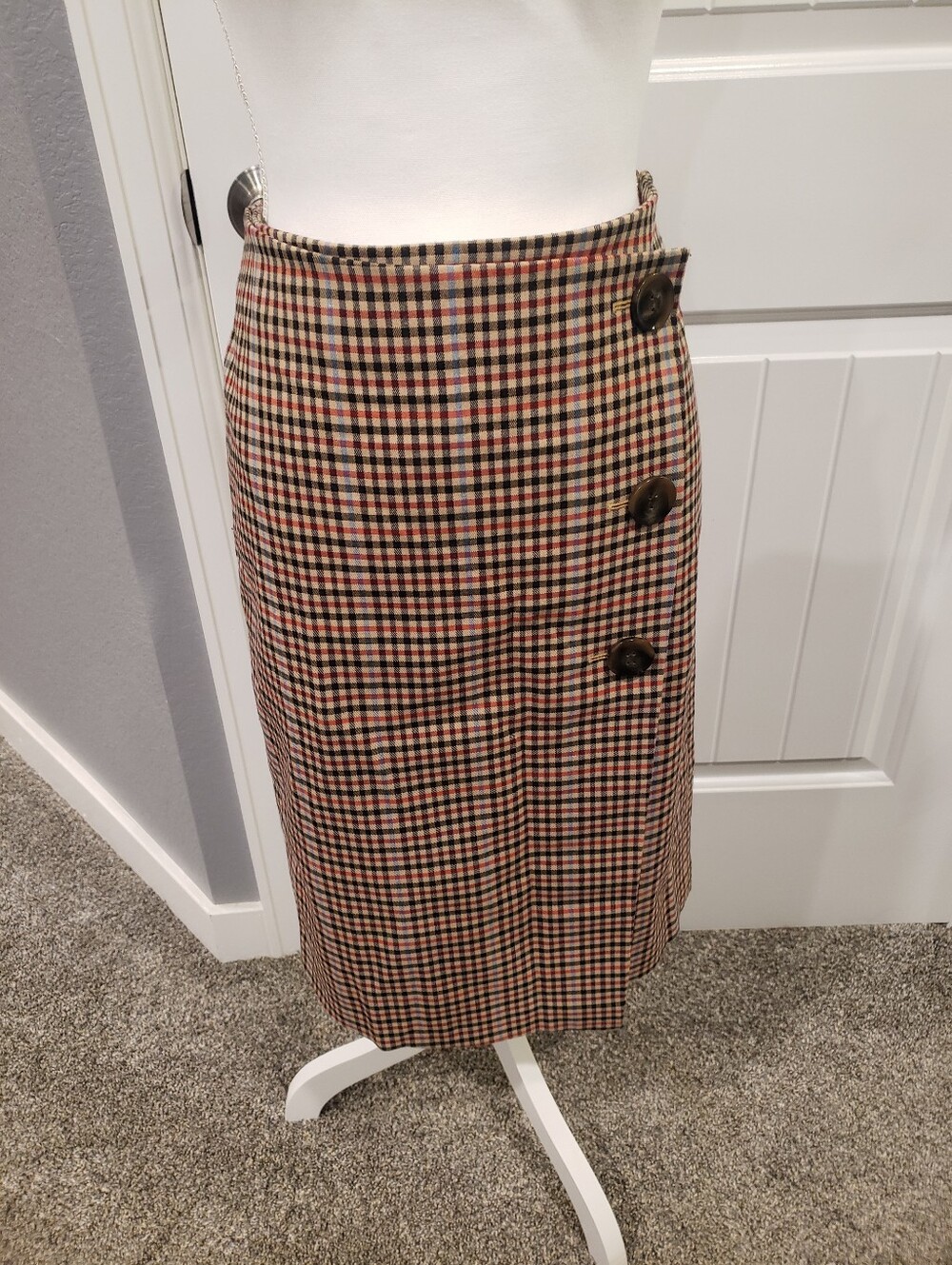 Ann Taylor Factory Tan and Black Checked Button-Front Midi Skirt